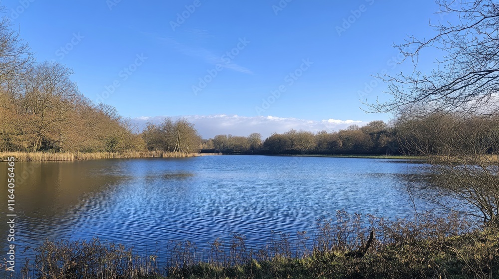Tranquil lake landscape framed by bare trees under a clear blue sky on a sunny day showcasing nature's serene beauty. Tranquil lake landscape framed by bare trees under a clear blue sky on a sunny day showcasing nature's serene beauty.