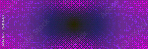 Oval halftone gradient bg with pixel pattern on neon purple background. Vector retro illustration with overlay glow effect. Bitmap dither texture