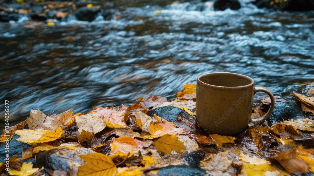 A solitary coffee mug rests amidst vibrant autumn leaves by a gently flowing river in a serene natural setting. A solitary coffee mug rests amidst vibrant autumn leaves by a gently flowing river in a serene natural setting.