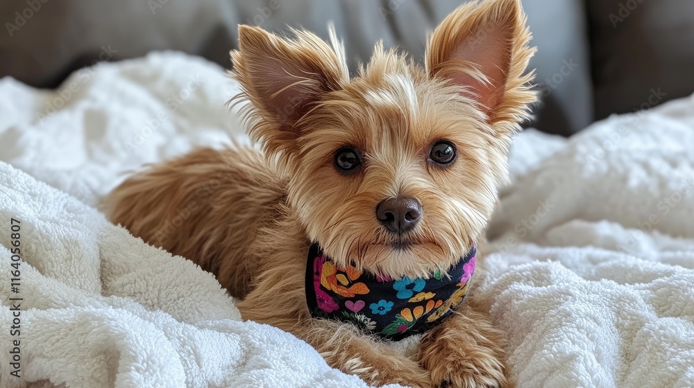 Small brown dog with large ears lounging on a soft white blanket wearing a vibrant floral bandana creating a cozy atmosphere Small brown dog with large ears lounging on a soft white blanket wearing a vibrant floral bandana creating a cozy atmosphere