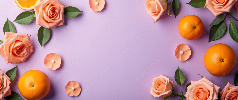 Roses and oranges on a purple background. Natural spa products and bath decor. Concept of aromatherapy and fragrance. Flat lay composition, top view with space for text. Roses and oranges on a purple background. Natural spa products and bath decor. Concept of aromatherapy and fragrance. Flat lay composition, top view with space for text.