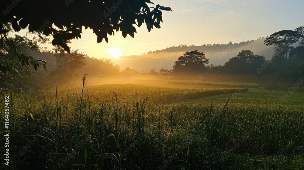 Obraz premium Serene morning landscape with misty fields and sun rising over hills in a tranquil natural setting