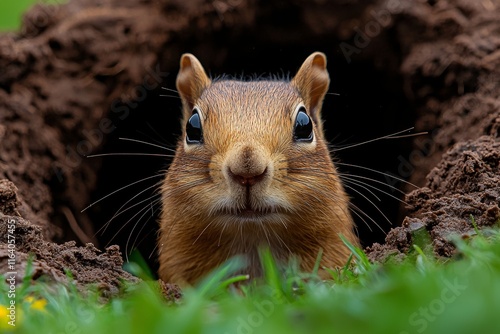 A watchful Arctic Ground Squirrel (Spermophilus parryii) emerges from its burrow in Kluane National Park, Yukon Territory, Canada, North America photo