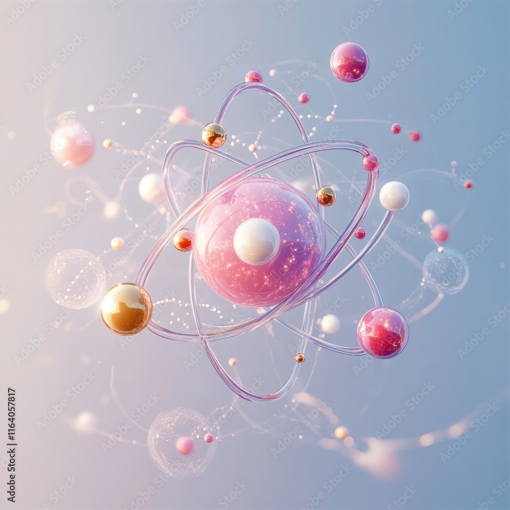 Obraz premium Abstract atom model with pink, gold, and white spheres orbiting a central core.