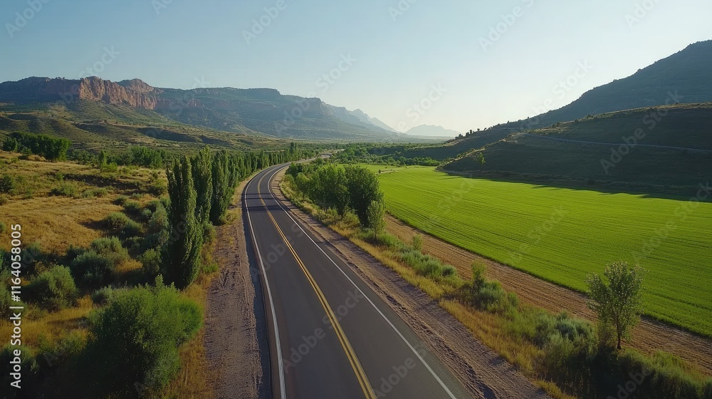Fototapeta premium Scenic aerial view of a winding road through lush green fields and mountains under a clear sky in a serene landscape.