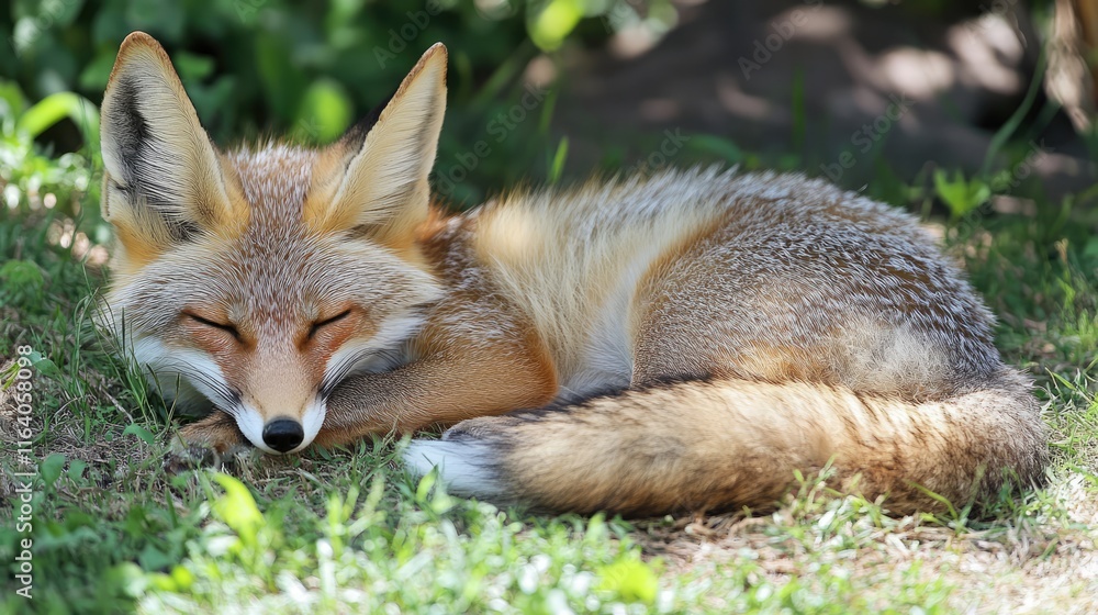 Obraz premium Young fox peacefully resting on green grass surrounded by nature, showcasing its soft fur and serene expression in a natural habitat.