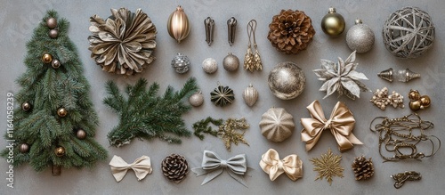 Stylish flatlay of luxurious vintage holiday tree decorations including baubles bows and garlands for festive branding and design inspiration