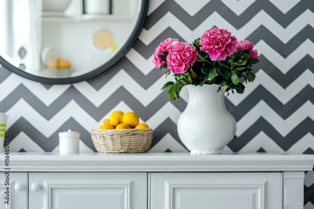 Above a grey table with flowers, there is a mirror on patterned wallpaper Above a grey table with flowers, there is a mirror on patterned wallpaper