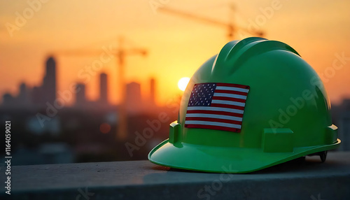 A green hard hat with an American flag decal on the front, against a blurred background, construction, site, created with generative ai photo