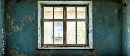 Abandoned apartment window revealing a dimly lit interior in a desolate exclusion zone highlighting themes of mystery and solitude photo