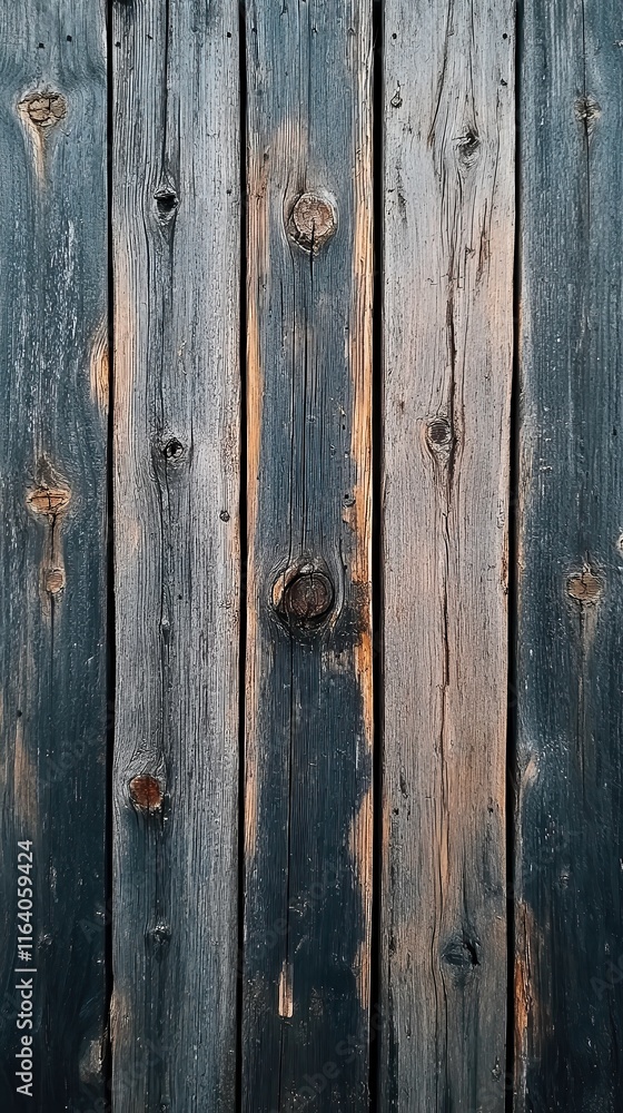 Fototapeta premium Weathered wooden planks with dark tones and visible knots, featuring a rustic, aged texture perfect for backgrounds, vintage projects, or natural designs.