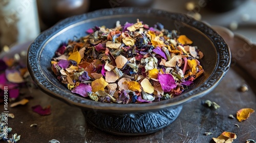 Organic potpourri made from colorful dried flowers and herbs displayed in an elegant bowl for home decor and fragrance enhancement