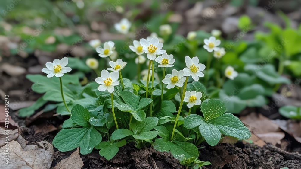 Spring wildflower cluster blooming in garden with vibrant green leaves and delicate white petals against a backdrop of fallen leaves Spring wildflower cluster blooming in garden with vibrant green leaves and delicate white petals against a backdrop of fallen leaves