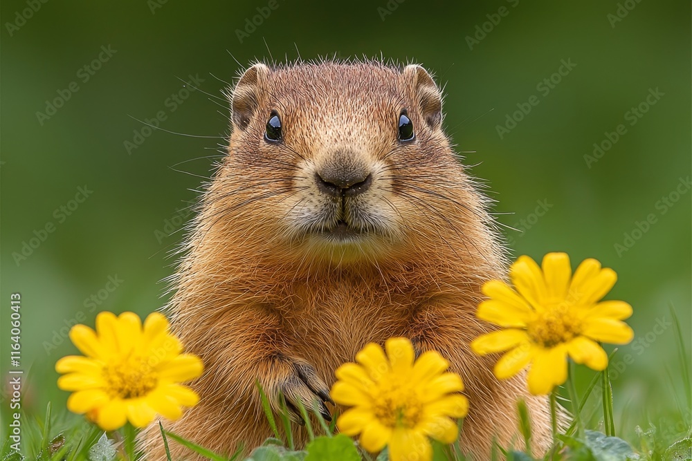 An alpine marmot resting in a meadow amidst yellow rattleweed and red clover
