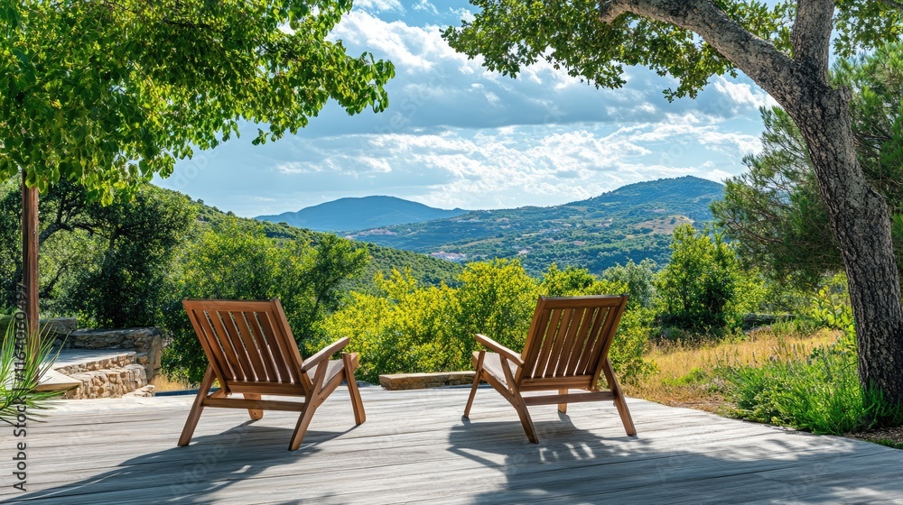 Obraz premium Relaxing terrace with wooden chairs overlooking scenic hills in a beautifully landscaped garden ideal for weekend leisure and outdoor enjoyment