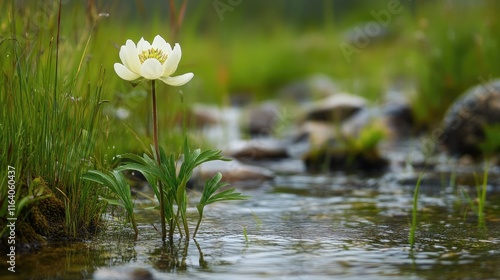 Solitary white flower of Paeonia daurica blooming near a gentle stream surrounded by lush green grass and rocks in a serene natural setting photo