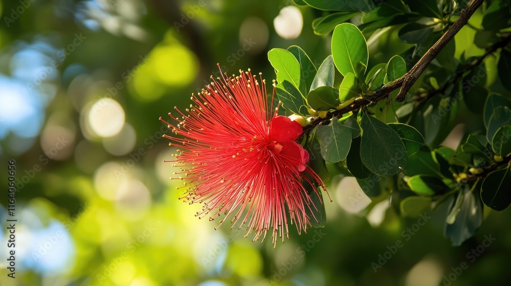 Obraz premium Vibrant red flower blooming on a tree branch surrounded by lush green foliage in soft natural lighting
