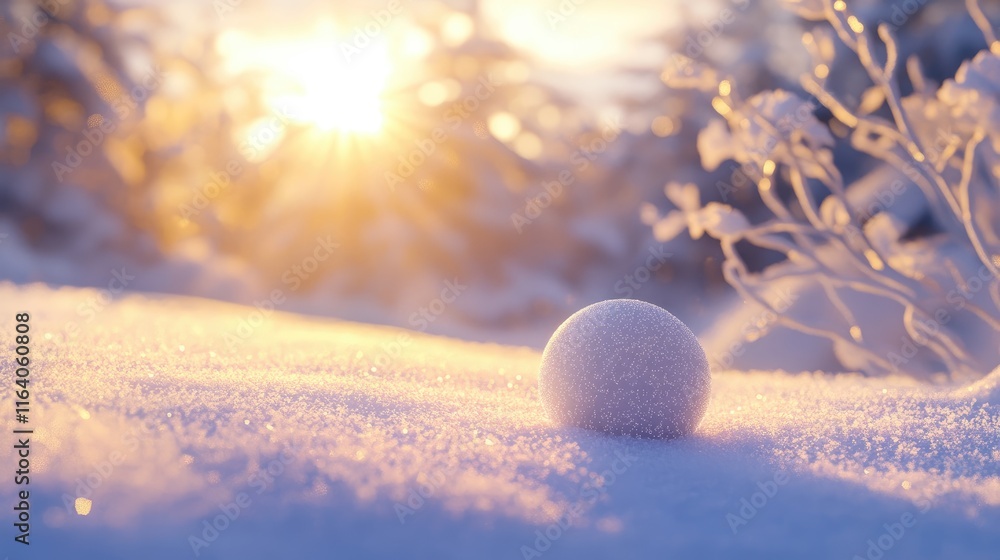 Serene winter landscape featuring a snowball illuminated by warm sunlight in a tranquil snowy environment Serene winter landscape featuring a snowball illuminated by warm sunlight in a tranquil snowy environment