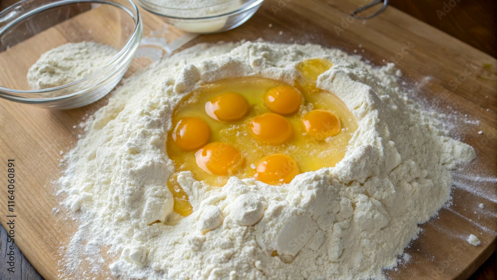 A large mound of white wheat flour with a hollow in the middle filled with egg yolks. The process of making homemade baked goods or pasta. A large mound of white wheat flour with a hollow in the middle filled with egg yolks. The process of making homemade baked goods or pasta.