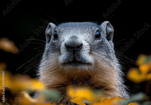 Beautiful abstract with a woodchuck on an autumn leaves background photo