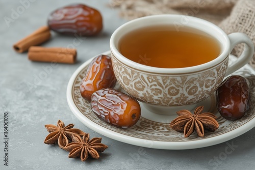 Ramadan food and drinks concept. Ramadan tea and dates fruits on a table