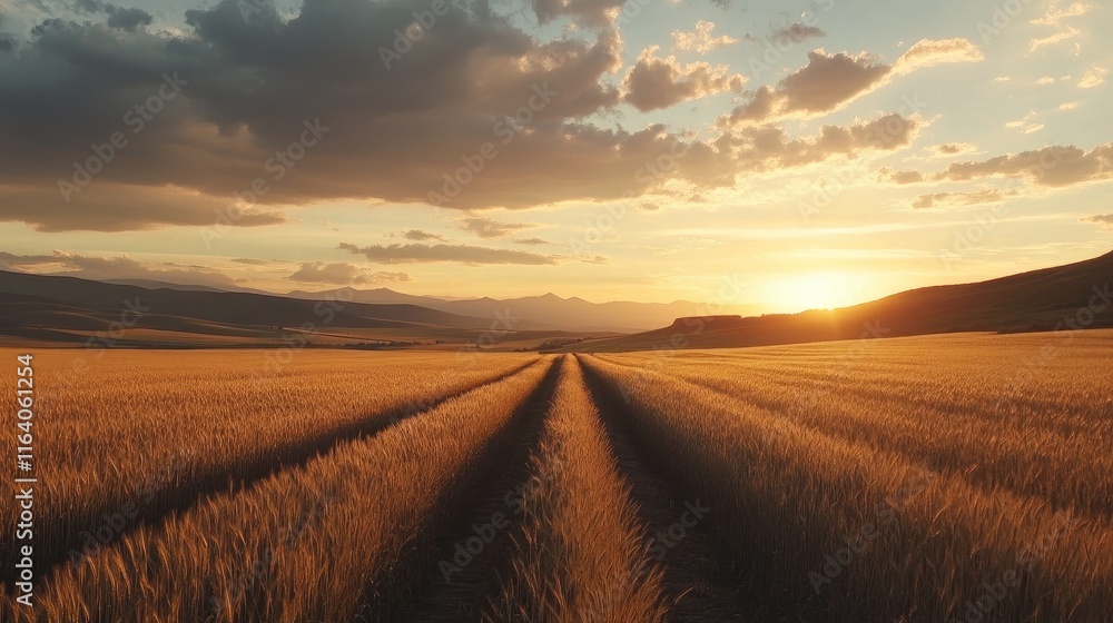 Fototapeta premium Wheat field at sunset under a cloudy sky with golden hues and a serene landscape inviting tranquility and nature's beauty
