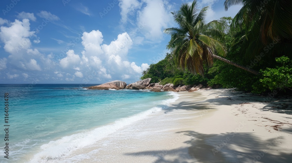 Fototapeta premium Idyllic tropical beach with clear turquoise waters, white sand, and lush palm trees under a bright blue sky with fluffy clouds.