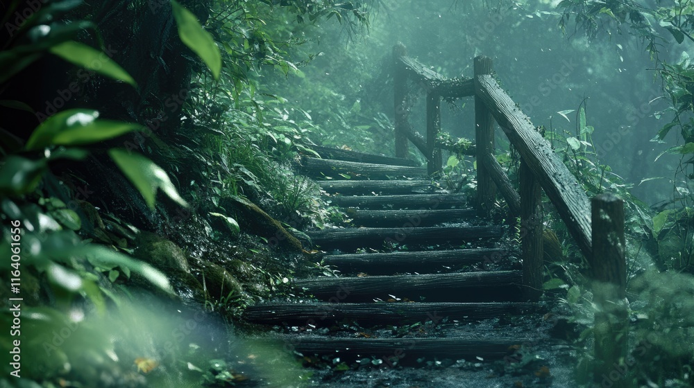 Naklejka premium Wooden stairs with railing along a trail in a lush rainforest surrounded by dense greenery and misty atmosphere