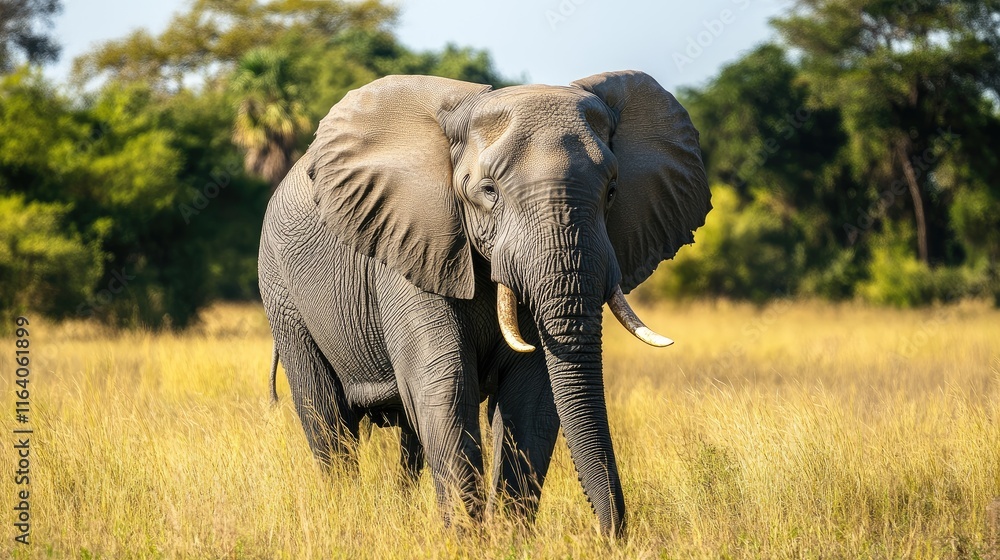 Majestic grey elephant standing gracefully in a sunlit savannah amidst tall grasses and lush greenery. Majestic grey elephant standing gracefully in a sunlit savannah amidst tall grasses and lush greenery.