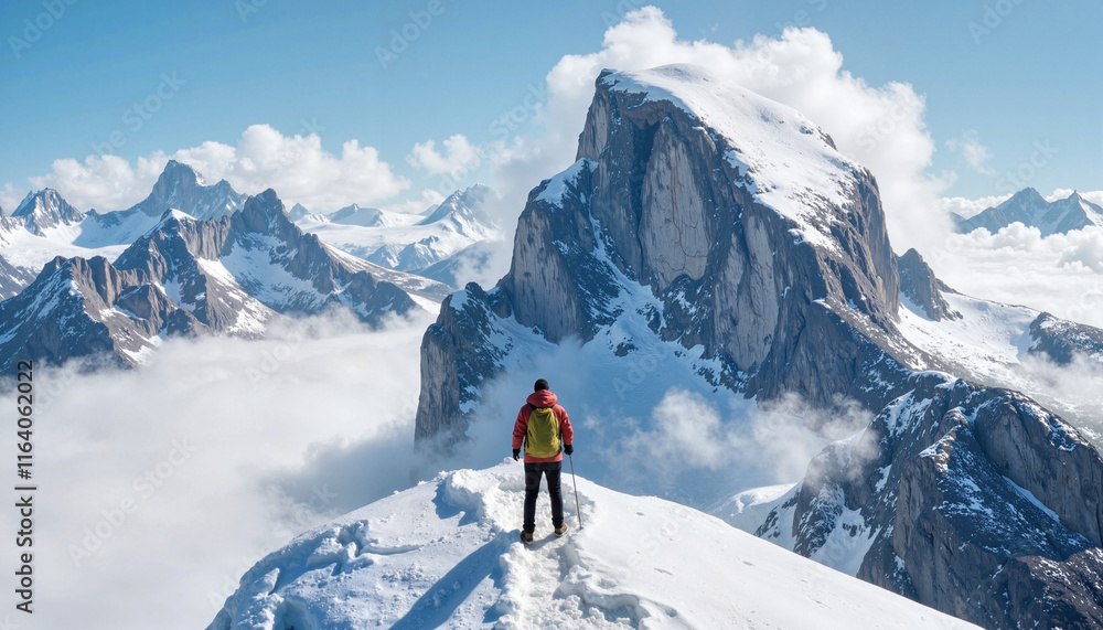 Mountaineer standing triumphantly on a snowy peak overlooking a breathtaking landscape Mountaineer standing triumphantly on a snowy peak overlooking a breathtaking landscape