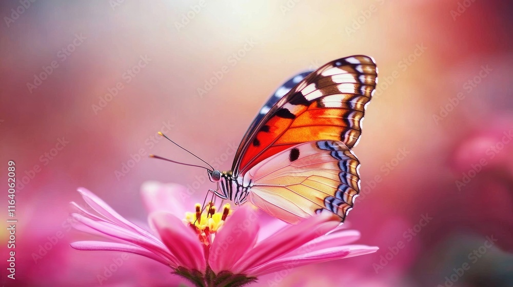 Fototapeta premium Stunning cruiser butterfly perched on vibrant pink flower in soft pastel background showcasing nature's beauty and delicate details
