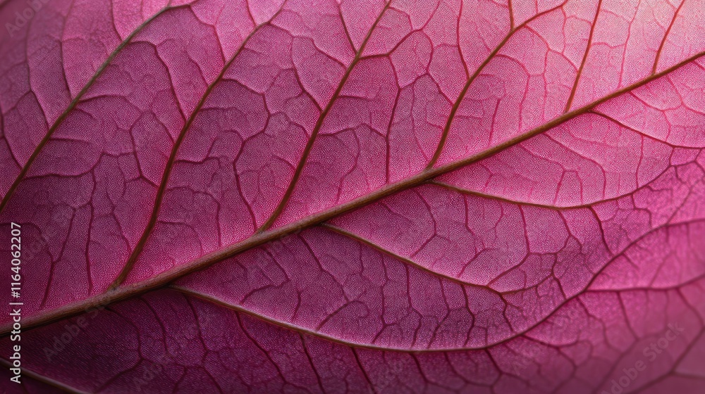 Obraz premium Macro close-up of a vibrant pink Magnolia leaf showcasing intricate vein patterns and textures in spring sunlight.