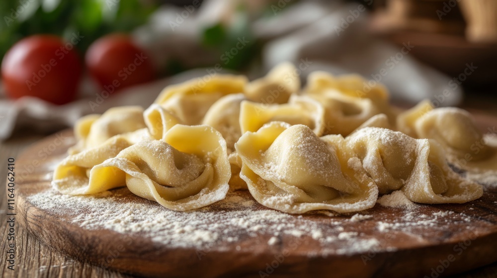 Freshly made pasta is arranged on a wooden cutting board, dusted with flour. The setting features rustic kitchen elements and a few tomatoes in the background, creating a warm culinary atmosphere. Freshly made pasta is arranged on a wooden cutting board, dusted with flour. The setting features rustic kitchen elements and a few tomatoes in the background, creating a warm culinary atmosphere.