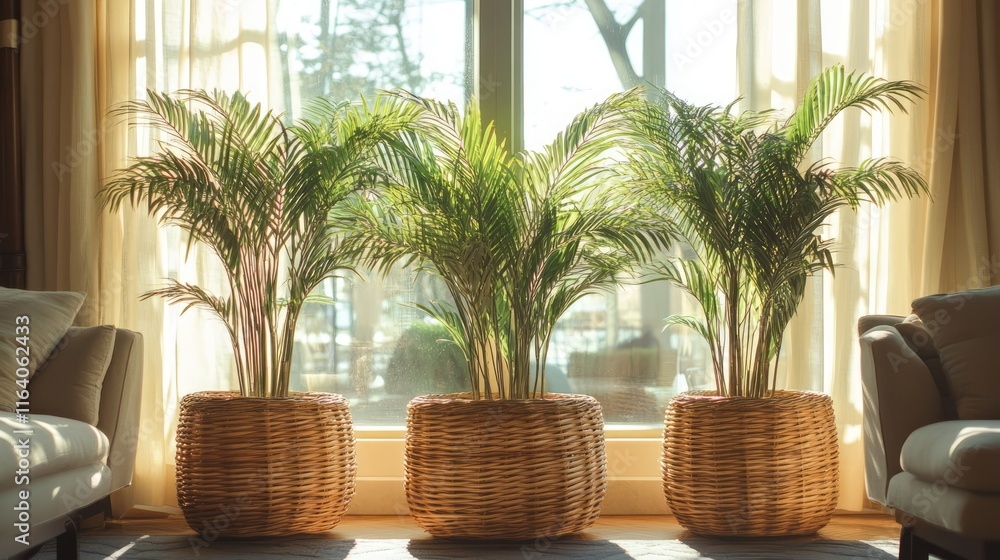Fototapeta premium Wicker pots with decorative palm trees in sunlight near a cozy sofa by the window creating a warm and inviting living room ambiance