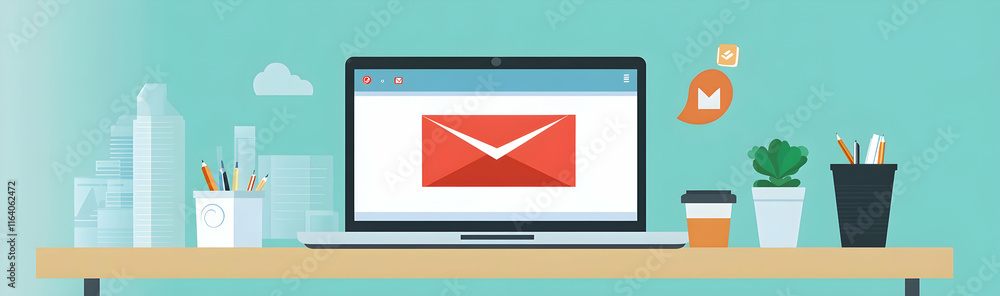 Modern laptop open to an email inbox on a desk with coffee and office supplies - Modern laptop open to an email inbox on a desk with coffee and office supplies -