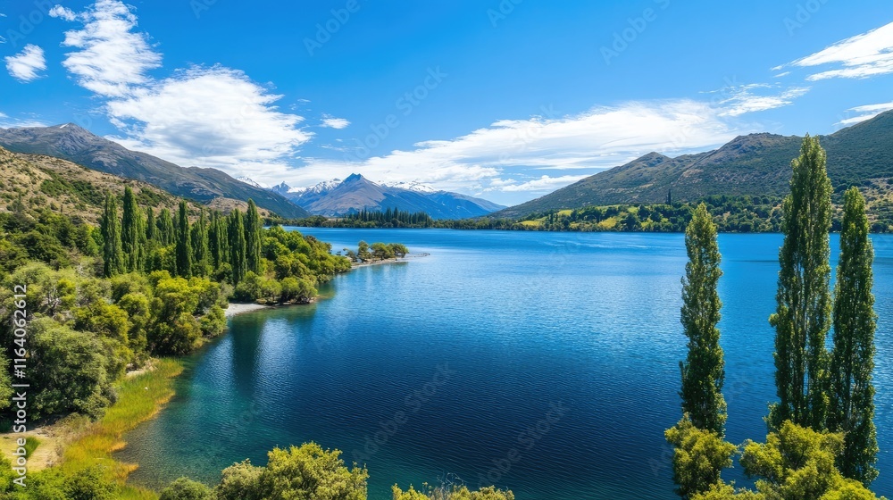 Naklejka premium Serene lake landscape with vibrant trees under a clear blue sky showcasing nature's tranquility in a picturesque mountain setting