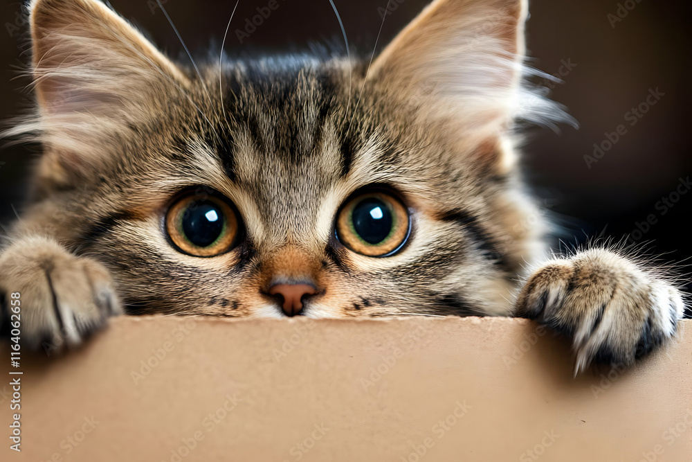 Cute tabby kitten peeking over cardboard edge. Cute tabby kitten peeking over cardboard edge.