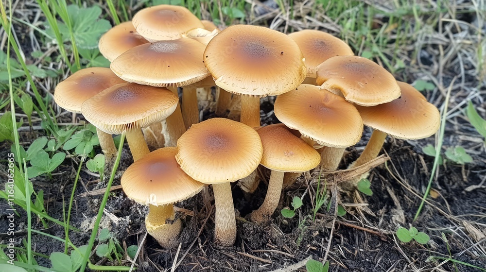 Cluster of wild mushrooms basking in sunlight amidst green grass and soil, showcasing nature's beauty and growth in a natural habitat Cluster of wild mushrooms basking in sunlight amidst green grass and soil, showcasing nature's beauty and growth in a natural habitat