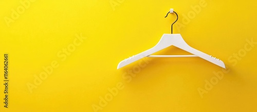 Minimalist white clothes hanger on bright yellow background perfect for retail displays and fashion store promotions enhancing visual appeal photo