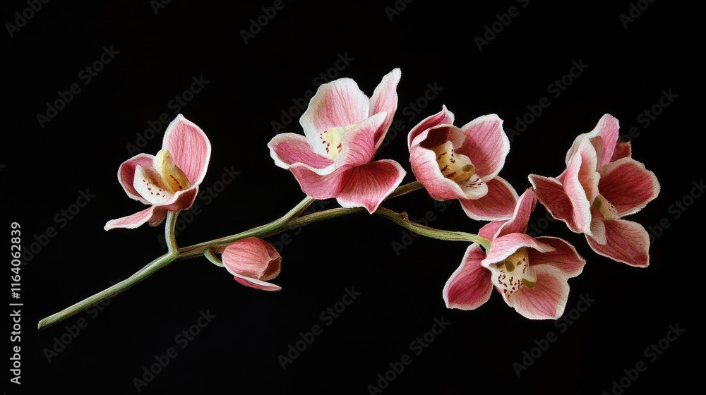 Delicate pink Orchid flowers with white edges and elegant unopened buds against a dark background showcasing natural beauty and elegance. Delicate pink Orchid flowers with white edges and elegant unopened buds against a dark background showcasing natural beauty and elegance.