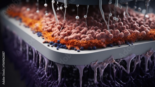 Electretized foam filtration system cross-section, showcasing its microscopic details of electrostatic fibers and porous channels, captured in vibrant clarity  photo