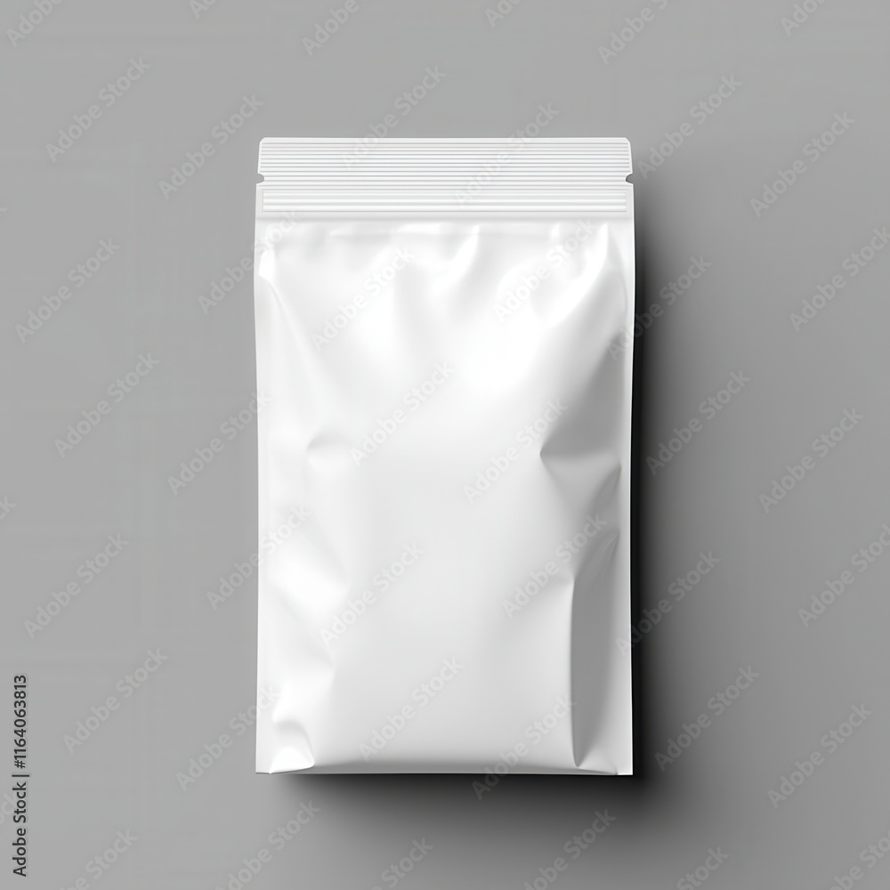 Food packaging bag mock-up concept in a minimalist style. Blank white packaging pouch on a gray background Food packaging bag mock-up concept in a minimalist style. Blank white packaging pouch on a gray background