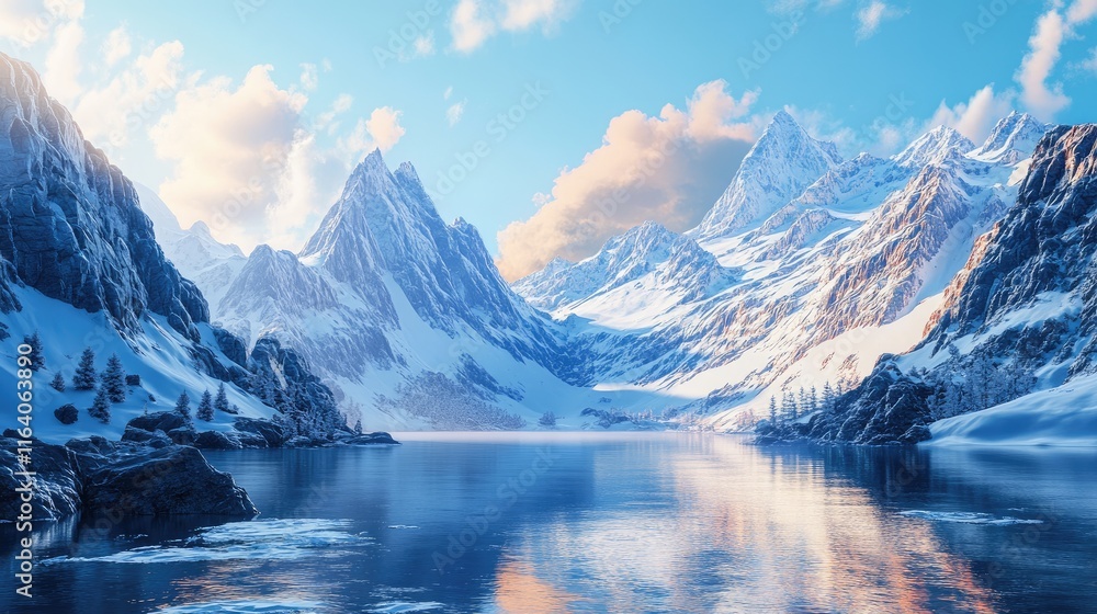 Fototapeta premium Serene lake landscape framed by majestic snow-capped mountains illuminated by sunlight creating a tranquil natural ambiance