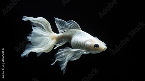 Elegant white goldfish gracefully swimming in dark water showcasing its delicate fins and shimmering scales. photo