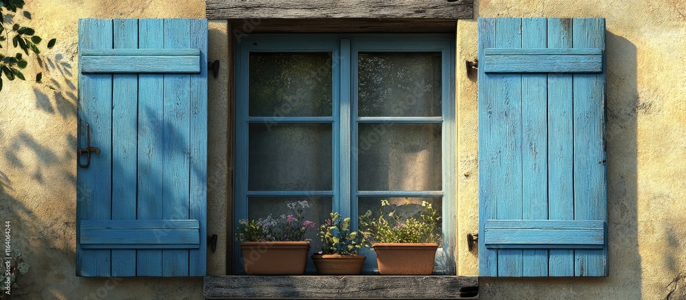 Charming window with closed blue shutters and flower pots enhancing rustic home decor ambiance. Charming window with closed blue shutters and flower pots enhancing rustic home decor ambiance.