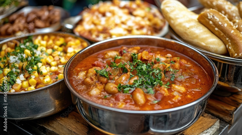 Currywurst and Hungarian soup served at a vibrant street food market showcasing authentic culinary delights with fresh ingredients. Currywurst and Hungarian soup served at a vibrant street food market showcasing authentic culinary delights with fresh ingredients.