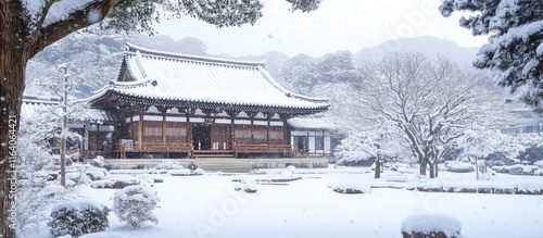 Wallpaper Mural Serene winter landscape featuring a traditional Japanese temple surrounded by snow-covered trees and a tranquil garden setting Torontodigital.ca