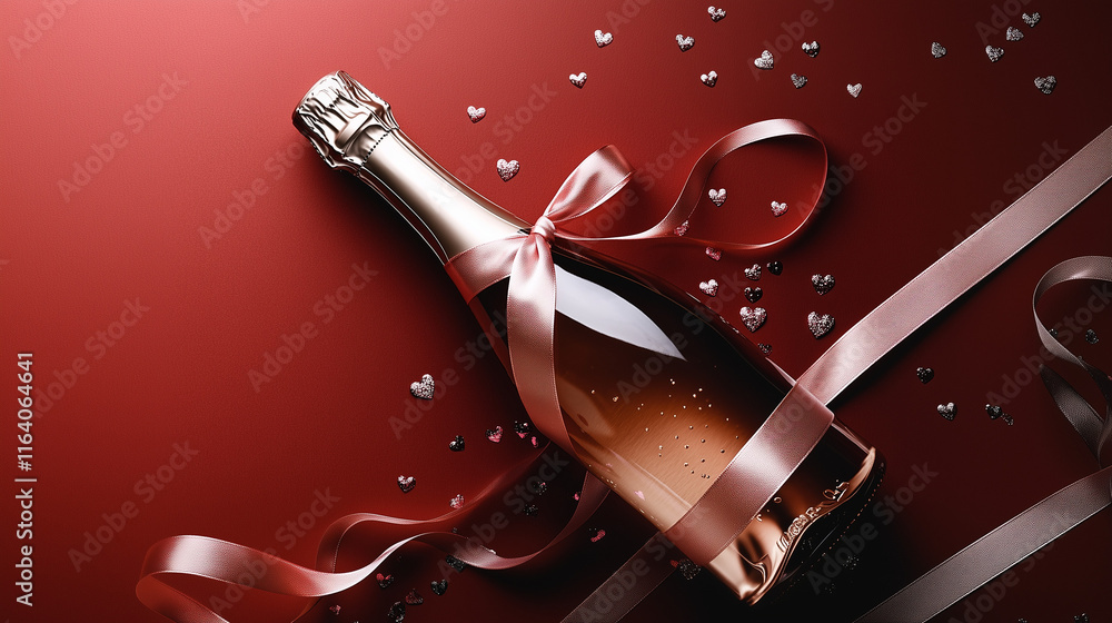 Happy Valentine's Day concept. Romantic banner with champagne bottle with pink ribbon, heart-shaped confetti on pink table. Flat lay