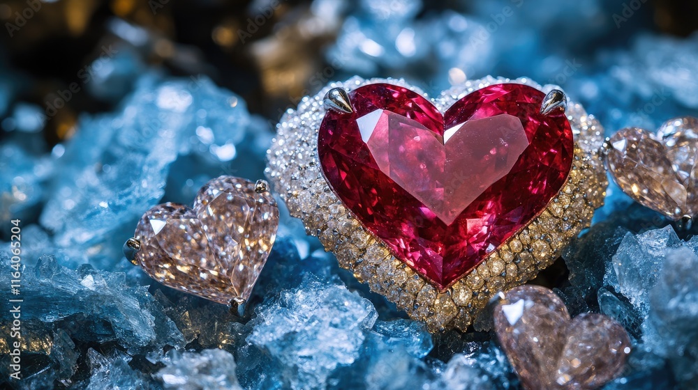 Obraz premium Stunning ruby red diamonds set in heart-shaped design surrounded by raw blue gemstones perfect for elegant jewelry presentations