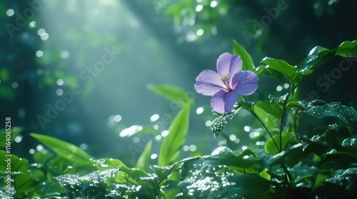 Fototapeta Naklejka Na Ścianę i Meble -  Delicate purple flower blooming amidst vibrant green foliage in a serene forest setting illuminated by soft sunlight and gentle mist.